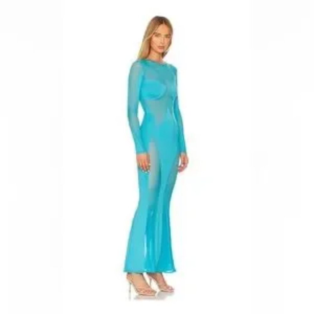 Turquoise Long Sleeve Maxi Dress - Women's Elegant Sheer Design